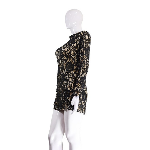 Elegant Black Gold Lace Mini Dress, Long Sleeve Bodycon - Picture 2 of 6